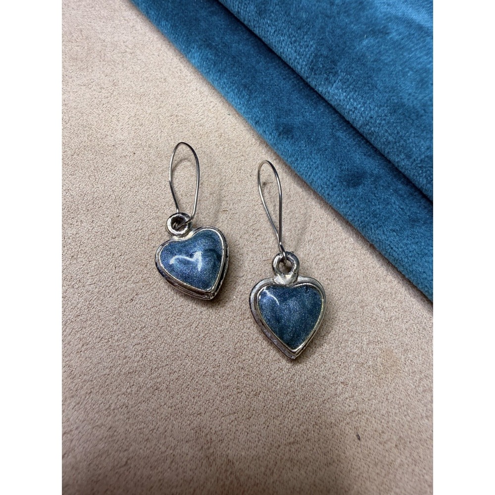 Vintage Silver Tone Blue Shimmer Resin Heart Dangle Drop Earrings Boho Swirl